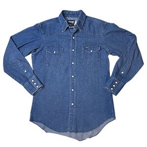Wrangler Pearl Snap Blue Jean Denim Vintage Western Long Sleeve Shirt 15 1/2-33